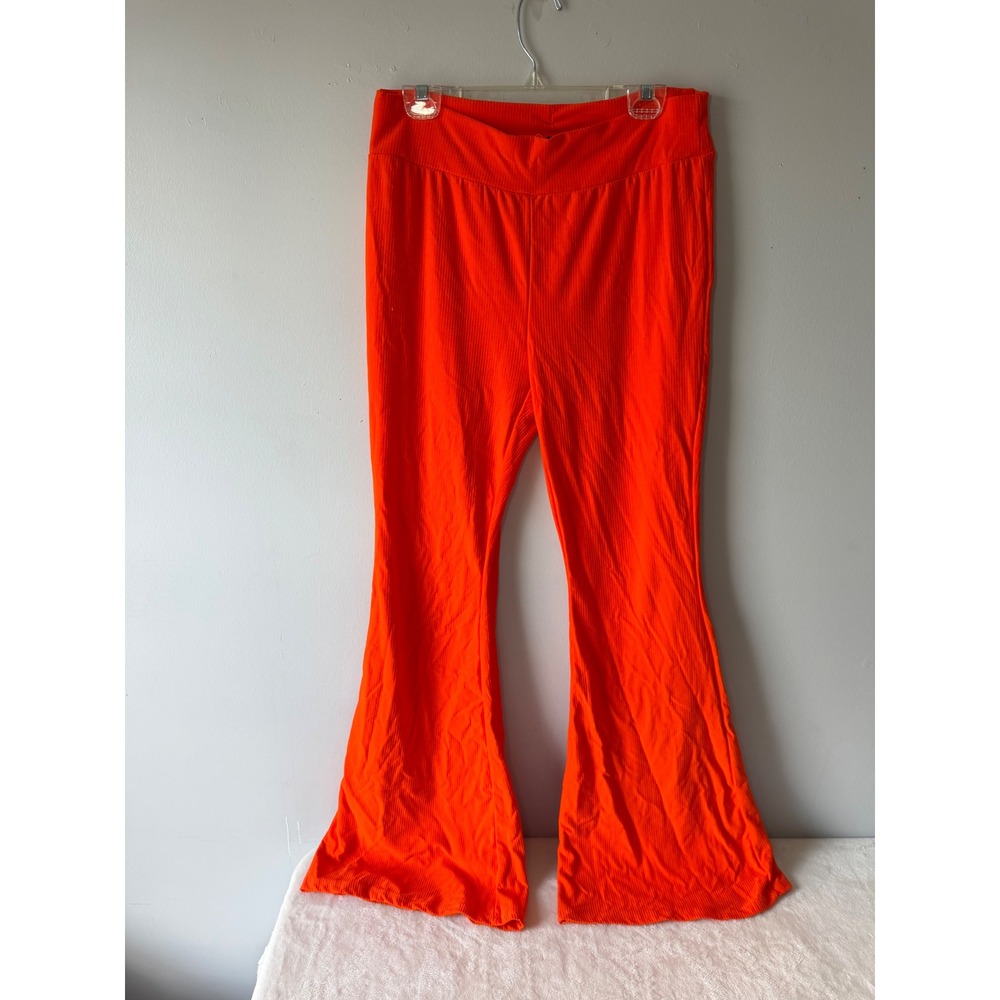 SHEIN Women Neon Orange Ribbed Knit Flare Leg Pants High Waist Bell Bottom XL 12 - Picture 2 of 5